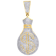 10K Yellow Gold Genuine Diamond Money Bag Dollar Sign Pendant 1.5" Charm 1 CT.