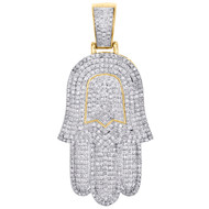 10K Yellow Gold Mens Diamond Hamsa Hand Pave Pendant 1.90"Jewish Charm 1.50 CT.