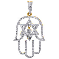 10K Yellow Gold Diamond Hamsa Hand / Star of David Pendant 1.45" Charm 1/2 CT.