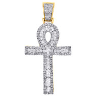 10K Yellow Gold Channel Set Diamond Ankh Cross Pendant Satement 1.60" Charm 1 CT