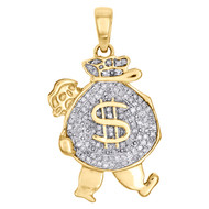 10K Yellow Gold Real Diamond Walking Money Bag Pendant 1.15" Pave Charm 1/4 Ct.