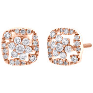 14K Rose Gold Cluster Diamond 9.5mm Flower Square Halo Stud Earrings 0.38 CT.