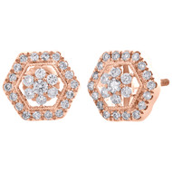 14K Rose Gold Cluster Diamond 10mm Hexagon Halo Flower Stud Earrings 0.38 CT.