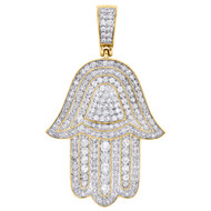 10K Yellow Gold Real Diamond Hamsa Hand Pendant 1.75" Jewish Charm 1.75 Ct.