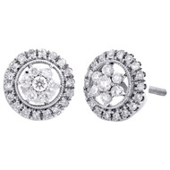 14K White Gold Cluster Round Diamond 9mm Halo Flower Stud Earrings 0.38 CT.