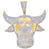 10K Yellow Gold Real Diamond Bull Head Pendant 2" Animal Pave Charm 2 Ct.