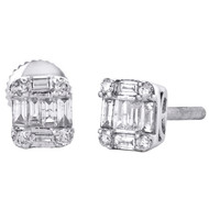 14K White Gold Round & Baguette Diamond 6.25mm Mini Square Stud Earrings 0.37 Ct