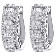 14K White Gold Round & Baguette Diamond Mystery Set Oval Hoop Earrings 1.37 Ct.