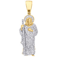 14K Yellow Gold Diamond Jesus Walking Shepherds Staff Pendant 1.35" Charm 1/3 CT