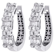 14K White Gold Round & Baguette Diamond Mystery Set Oval Hoop Earrings 1 Ct.