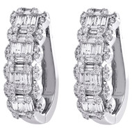 14K White Gold Round & Baguette Diamond Halo Design Oval Hoop Earrings 1.20 Ct.