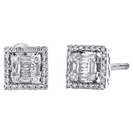 14K White Gold Round & Baguette Diamond 7.60mm Square Halo Stud Earrings 0.50 Ct
