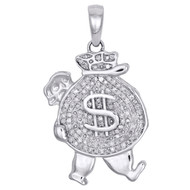 10K White Gold Real Diamond Walking Money Bag Pendant 1.15" Pave Charm 1/4 CT.