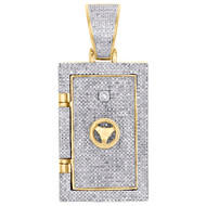 10K Yellow Gold Mens Round Diamond Vault Safe Box Pendant 2" Pave Charm 1.33 CT.