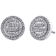 10K White Gold Round & Baguette Cut Diamond Circle Earrings 11mm Stud 1/2 CT.