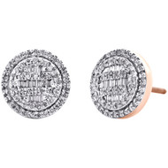 10K Rose Gold Round & Baguette Cut Diamond Circle Earrings 11mm Pave Stud 1/2 CT