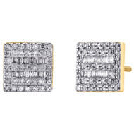 10K Yellow Gold Round & Baguette Diamond Square Frame Earrings 8mm Stud 1/3 CT.