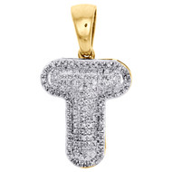 10K Yellow Gold Diamond Initial T Pendant 1.25" Mini Bubble Letter Charm 3/8 CT.