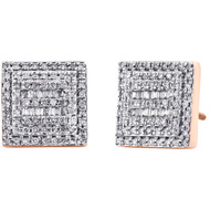 10K Rose Gold Round & Baguette Diamond Square Shape Earrings 11.25mm Stud 1/2 CT