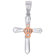 .925 Sterling Silver Diamond Rose Gold Tone Crown & Cross Pendant 1.10" 0.02 CT.