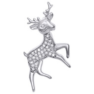 .925 Sterling Silver Round Diamond Cluster Reindeer Pendant 1.10 " Charm 0.17 CT
