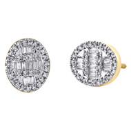 10K Yellow Gold Round & Baguette Diamond Oval Frame Earrings 10mm Stud 1/3 CT.