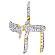 10K Yellow Gold Real Diamond Jewish Chai Symbol Pendant Religious Charm 0.75 Ct.
