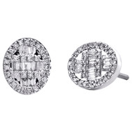 10K White Gold Round & Baguette Diamond Oval Frame Earrings 10mm Stud 0.37 CT.