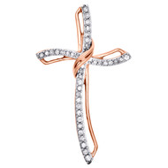 10K Rose Gold Round Diamond Curved Draped Cross Pendant 1.30" Charm 0.25 CT.