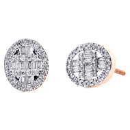 10K Rose Gold Round & Baguette Diamond Oval Frame Earrings 10mm Stud 0.37 CT.