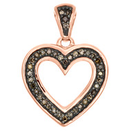 10K Rose Gold Brown Diamond Cut Out Heart Pendant 0.70" Long Charm 0.10 CT.