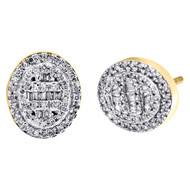 10K Yellow Gold Round & Baguette Diamond Oval Frame Earrings 11mm Stud 3/8 CT.