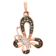 10K Rose Gold Brown & White Diamond Slanted Butterfly Pendant 1.05" 0.20 CT.