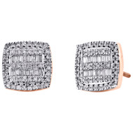 10K Rose Gold Round & Baguette Diamond Cushion Shape Earrings 9.75mm Stud 1/2 CT