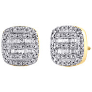 10K Yellow Gold Round & Baguette Diamond Cushion Frame Earrings 9mm Stud 1/3 CT.