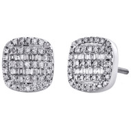 10K White Gold Round & Baguette Diamond Cushion Frame Earrings 9mm Stud 1/3 CT.