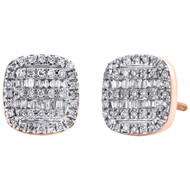 10K Rose Gold Round & Baguette Diamond Cushion Shape Earrings 9.25mm Stud 1/3 CT