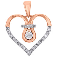 10K Rose Gold Round Diamond Open Heart Pendant Love Charm 0.70" Long 0.12 CT.