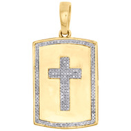 Mens 10K Yellow Gold Real Diamond Dog Tag Pendant 1.55" Pave Cross Charm 1/3 CT.