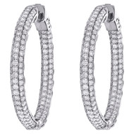 14K White Gold Round Diamond Hoop In & Out 27mm Pave Set Huggie Earrings 5 CT.