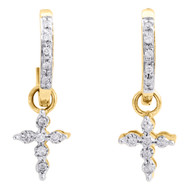 10K Yellow Gold Diamond Dangling Cross Hoops Ladies Huggie Earrings 0.10 Ct.