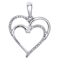 .925 Sterling Silver Round Diamond Double Heart Cut Out Pendant 1" Charm 0.10 CT.