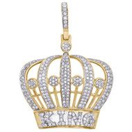 10K Yellow Gold Mens Genuine Diamond King Crown Pendant 1.60" Royalty Charm 1 CT