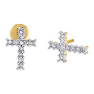 10K Yellow Gold Round Diamond Mini Cross Studs Small Screw Back Earrings 1/10 Ct