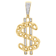10K Yellow Gold Dollar Money Sign Pave Diamond Pendant Cuban Link Charm 1/8 CT.