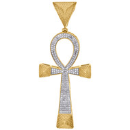 10K Yellow Gold Mens Diamond Egyptian Ankh Cross Pendant 2.40" Pave Charm 1/2 CT