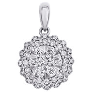 14K White Gold Diamond Double Floral Halo Flower Pendant 0.70" Charm 0.50 CT.