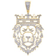 10K Yellow Gold Lion Face Cut Out King Crown Diamond Pendant 2.30" Charm 3/4 CT.