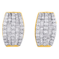 14K Yellow Gold Baguette & Round Diamond Designer Hoops Ladies Earrings 1 Ct.