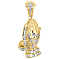 10K Yellow Gold Men Diamond Praying Hands Cross Pendant 1.75" Pave Charm 0.63 CT